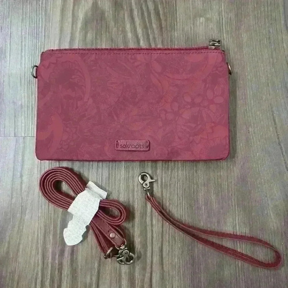 Sakroots Foldover Snap Zip Pocket Crossbody Wallet With Strap Maroon Paisley Art - Picture 1 of 15